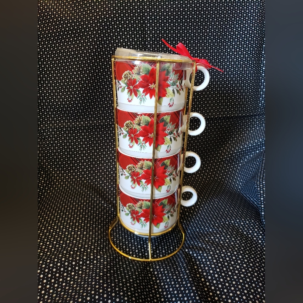 Christmas Poinsettias Stackable Mugs Set Of 4 NWT